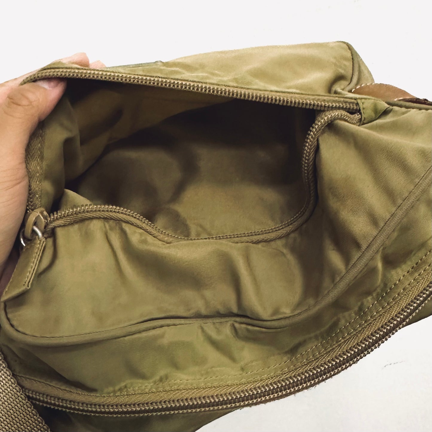 Prada Taupe Beige Vela Sport Logo Classic Nylon & Leather Zip Shoulder Sling Bag