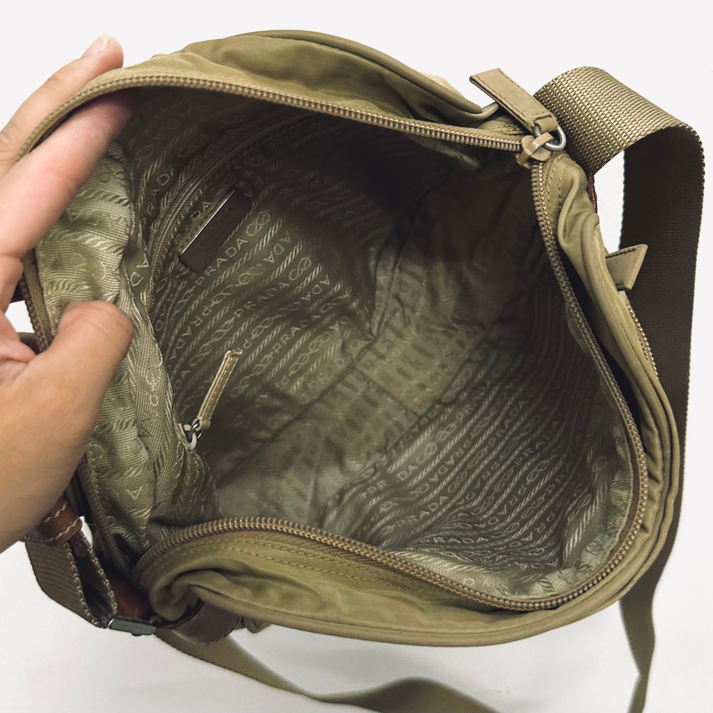 Prada Taupe Beige Vela Sport Logo Classic Nylon & Leather Zip Shoulder Sling Bag
