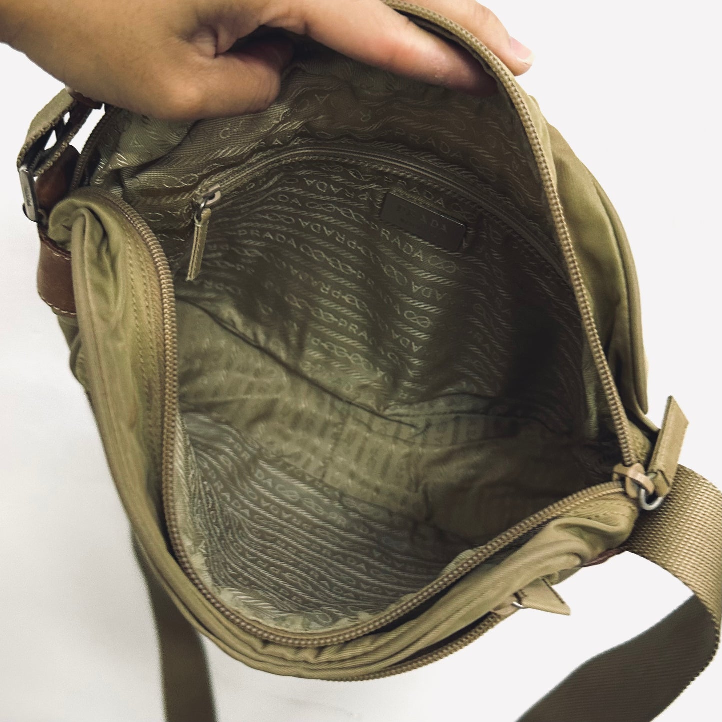 Prada Taupe Beige Vela Sport Logo Classic Nylon & Leather Zip Shoulder Sling Bag