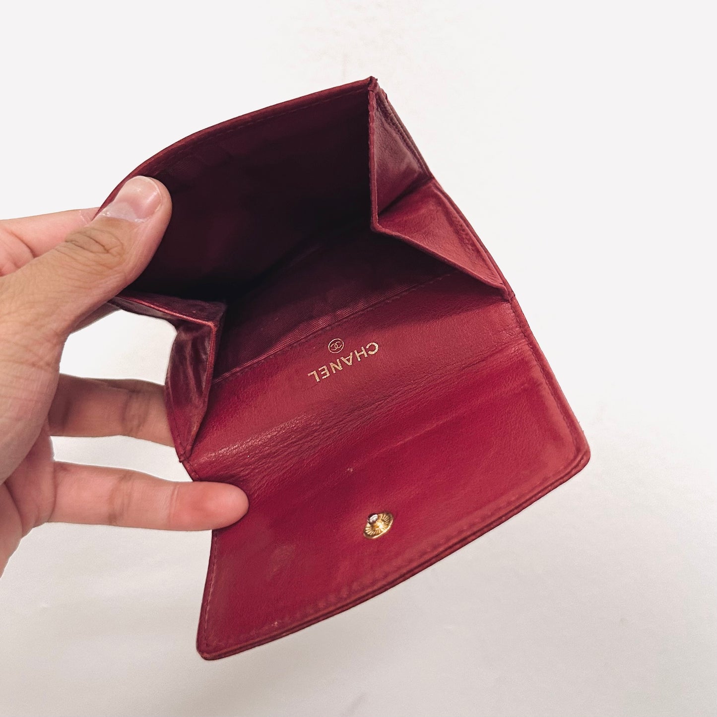 Chanel Red GHW Giant CC Logo Caviar Leather Flap Compact Wallet 3s