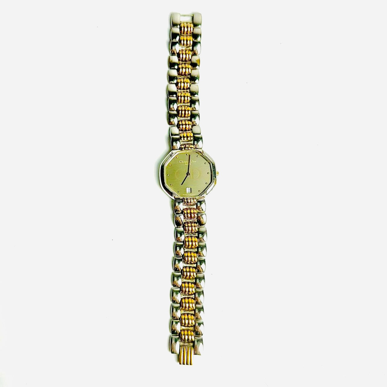 Christian Dior CD Grey Dial Monogram Logo Octagon Two Tone Stainless Steel & Gold Quartz 32MM Watch