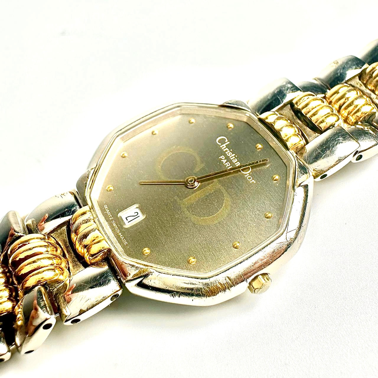 Christian Dior CD Grey Dial Monogram Logo Octagon Two Tone Stainless Steel & Gold Quartz 32MM Watch