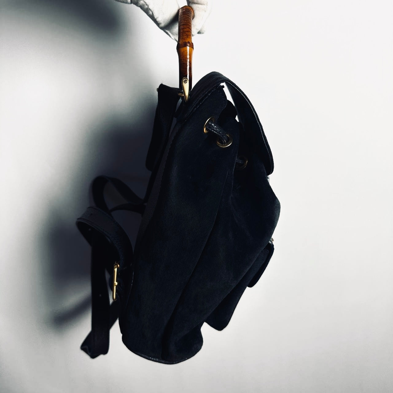 Gucci Black GHW Bamboo Handle Small Suede & Leather Monogram Logo Flap Backpack Bag