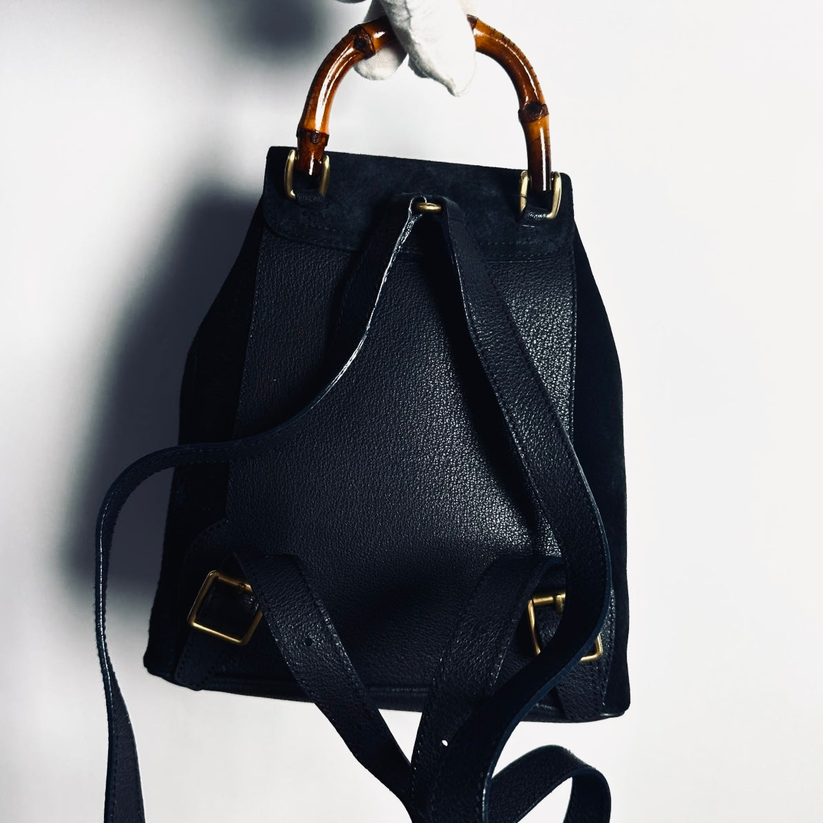 Gucci Black GHW Bamboo Handle Small Suede & Leather Monogram Logo Flap Backpack Bag