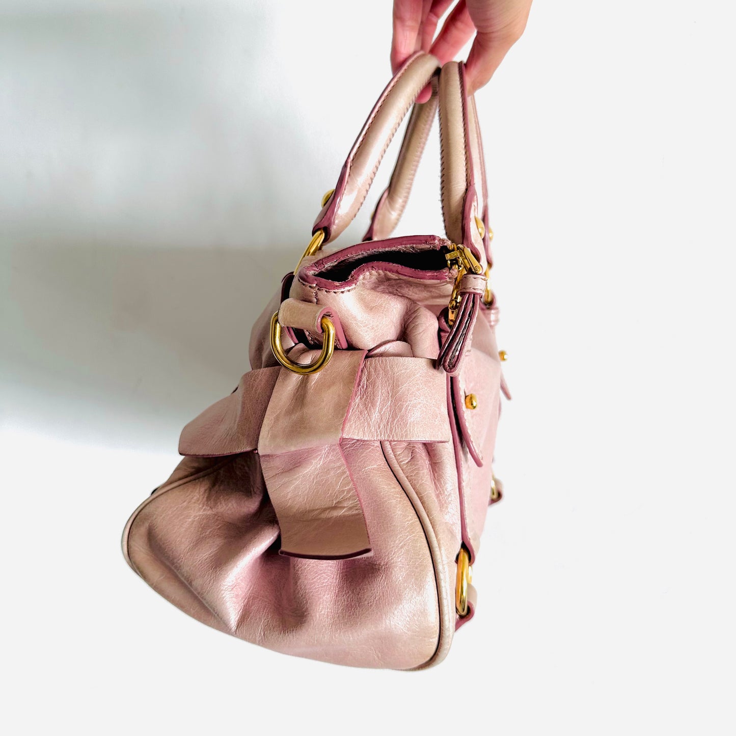 Miu Miu Mauve Pink Bow GHW Vitello Lux Small Classic Logo 2-Way Shopper Shoulder Sling Tote Bag
