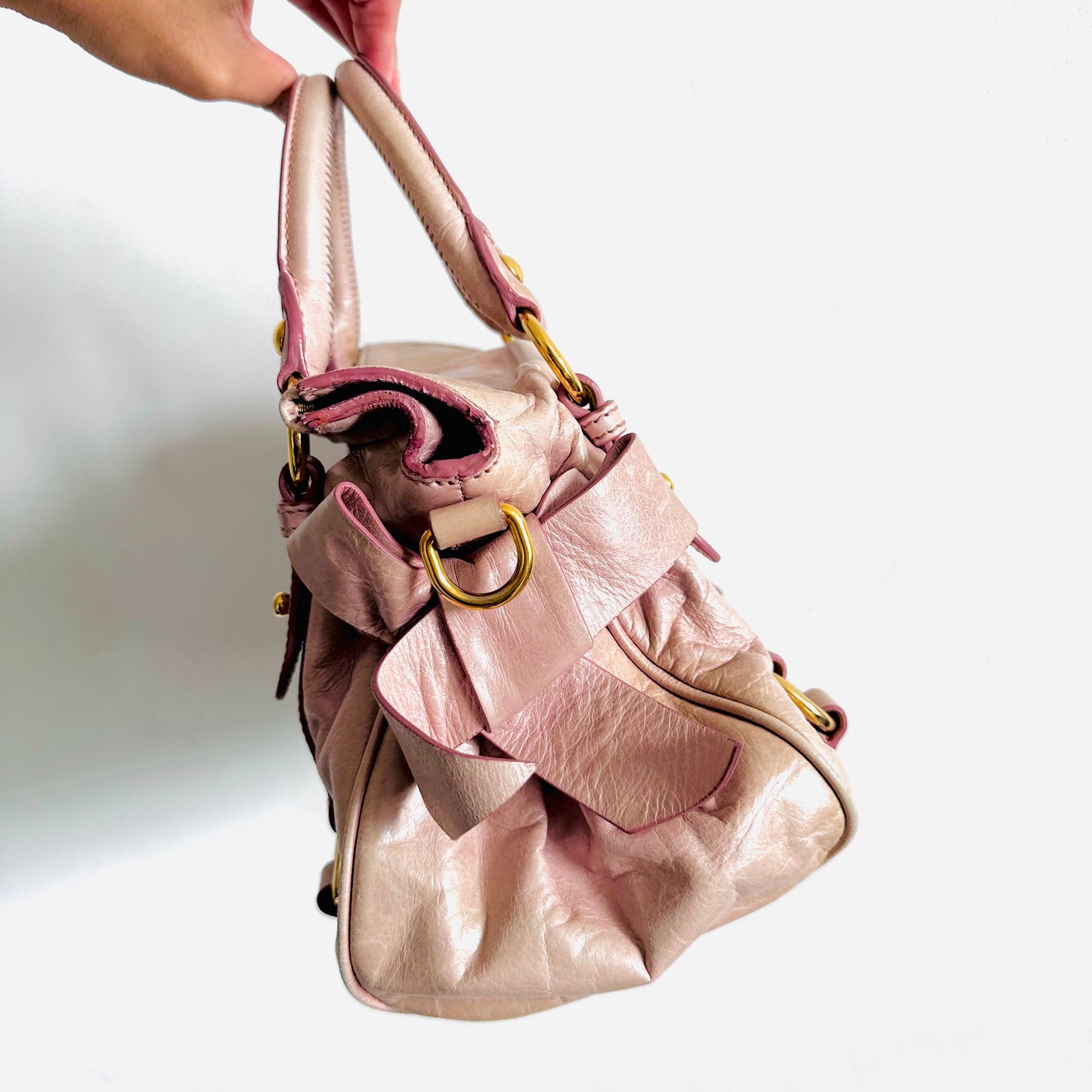 Miu Miu Mauve Pink Bow GHW Vitello Lux Small Classic Logo 2-Way Shopper Shoulder Sling Tote Bag