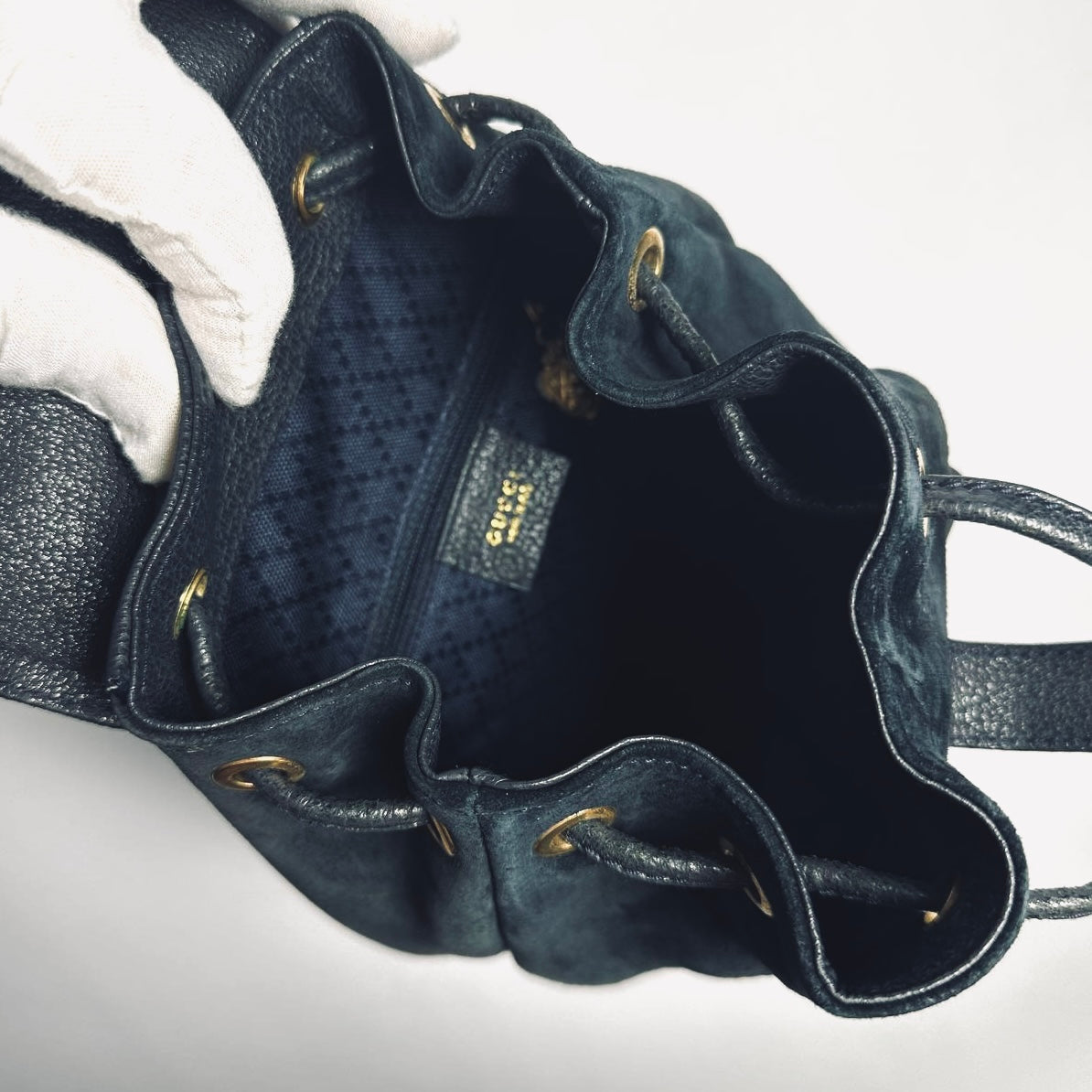 Gucci Black GHW Bamboo Handle Small Suede & Leather Monogram Logo Flap Backpack Bag