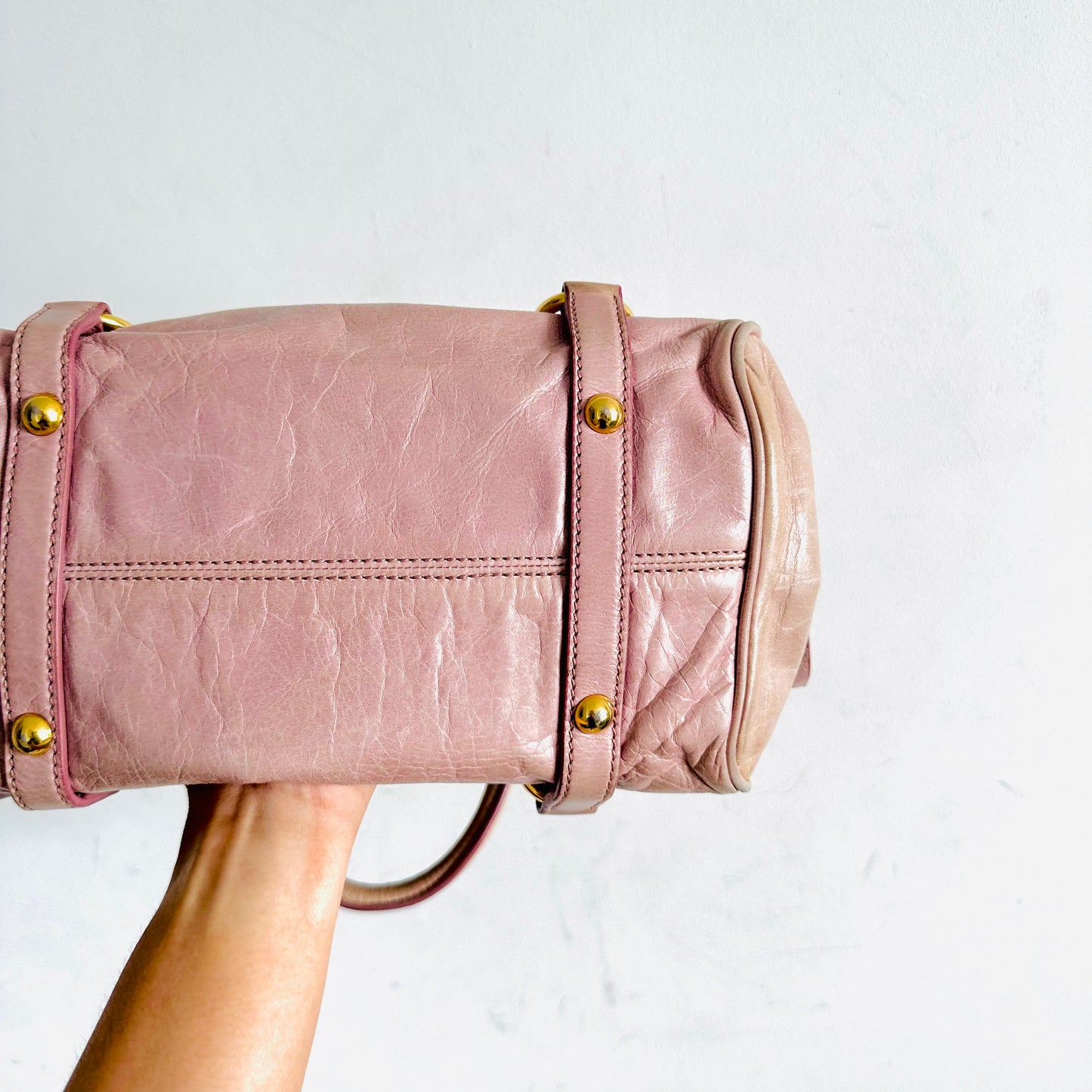Miu Miu Mauve Pink Bow GHW Vitello Lux Small Classic Logo 2-Way Shopper Shoulder Sling Tote Bag