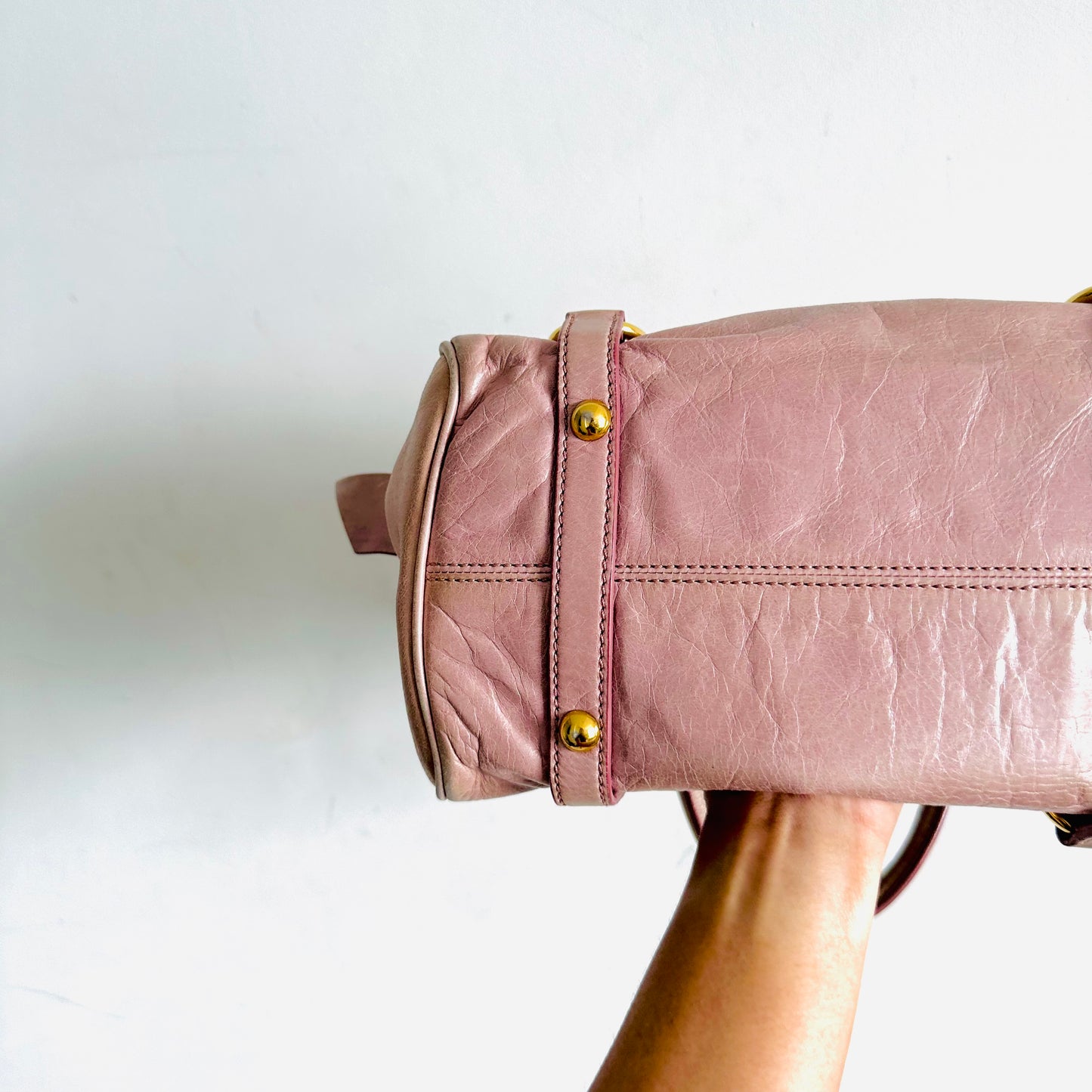 Miu Miu Mauve Pink Bow GHW Vitello Lux Small Classic Logo 2-Way Shopper Shoulder Sling Tote Bag