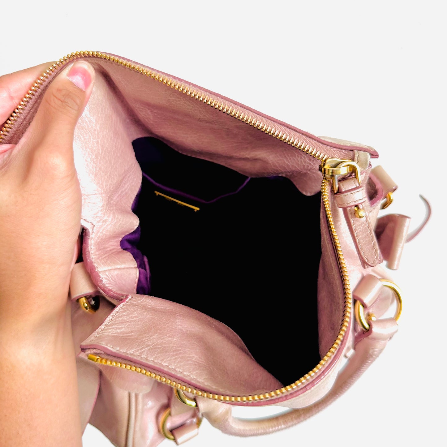 Miu Miu Mauve Pink Bow GHW Vitello Lux Small Classic Logo 2-Way Shopper Shoulder Sling Tote Bag