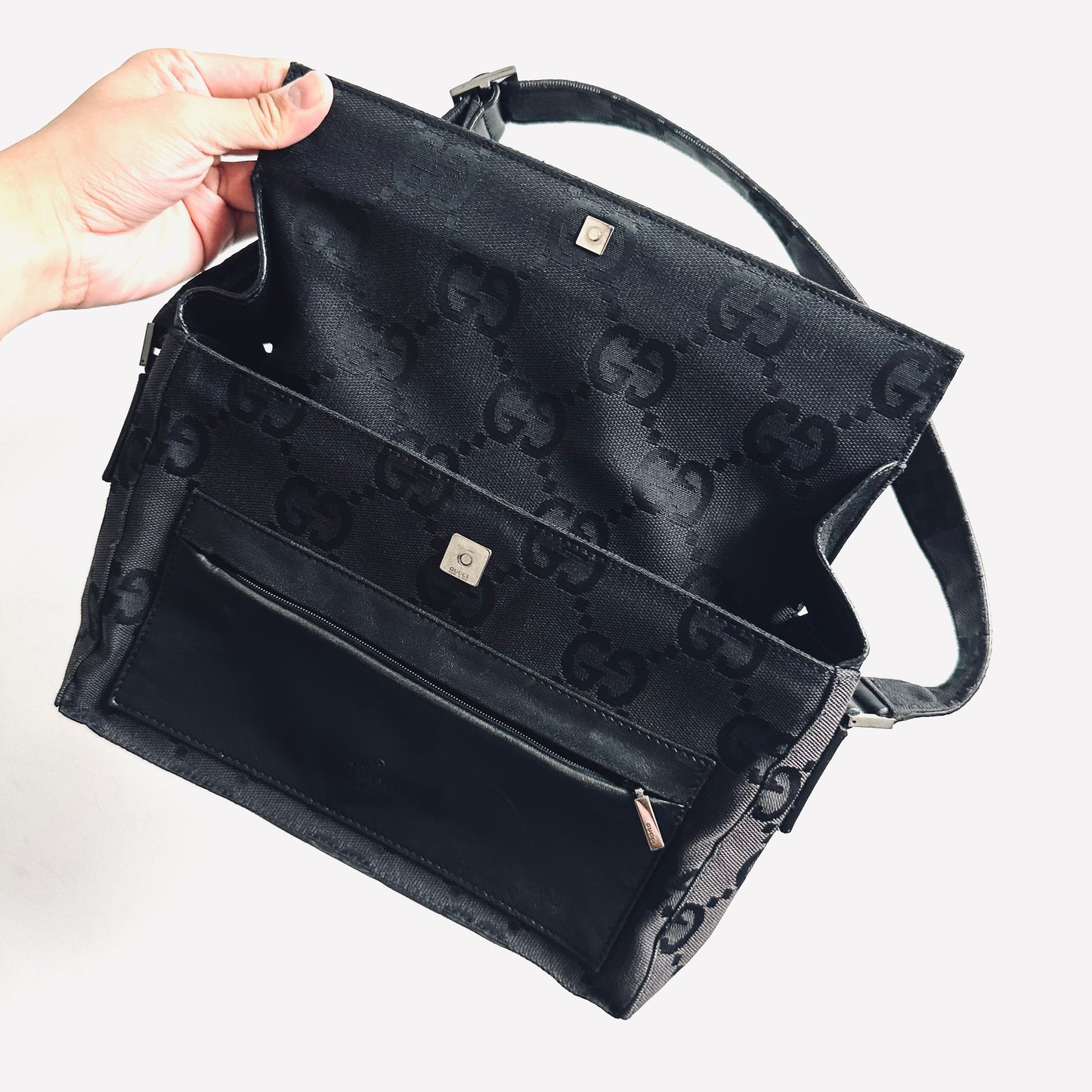 Gucci Black Giant GG Monogram Logo Flap Hobo Baguette Shoulder Bag