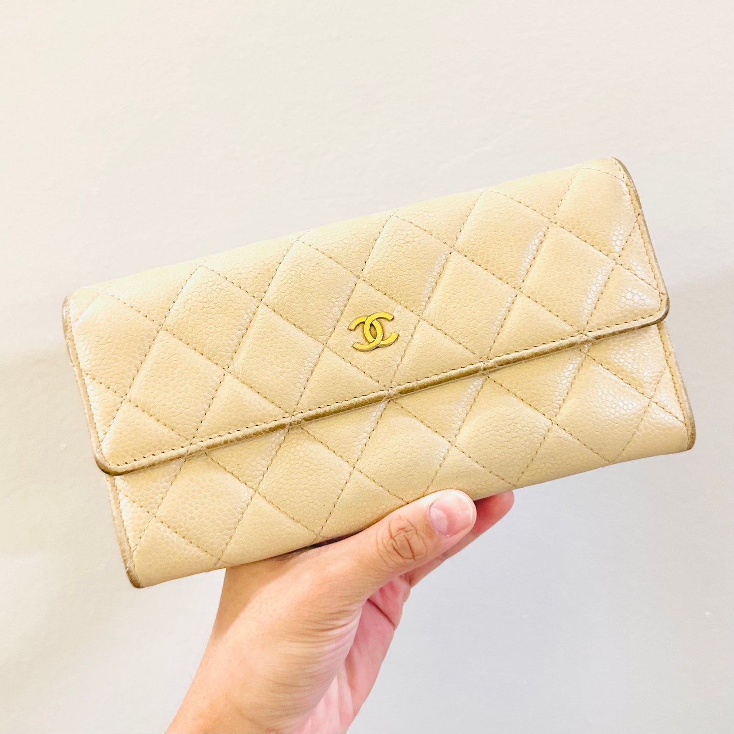Chanel Beige GHW CC Logo Quilted Caviar Flap Long Wallet 15s