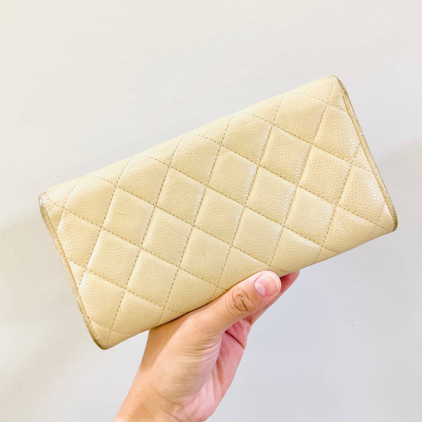Chanel Beige GHW CC Logo Quilted Caviar Flap Long Wallet 15s
