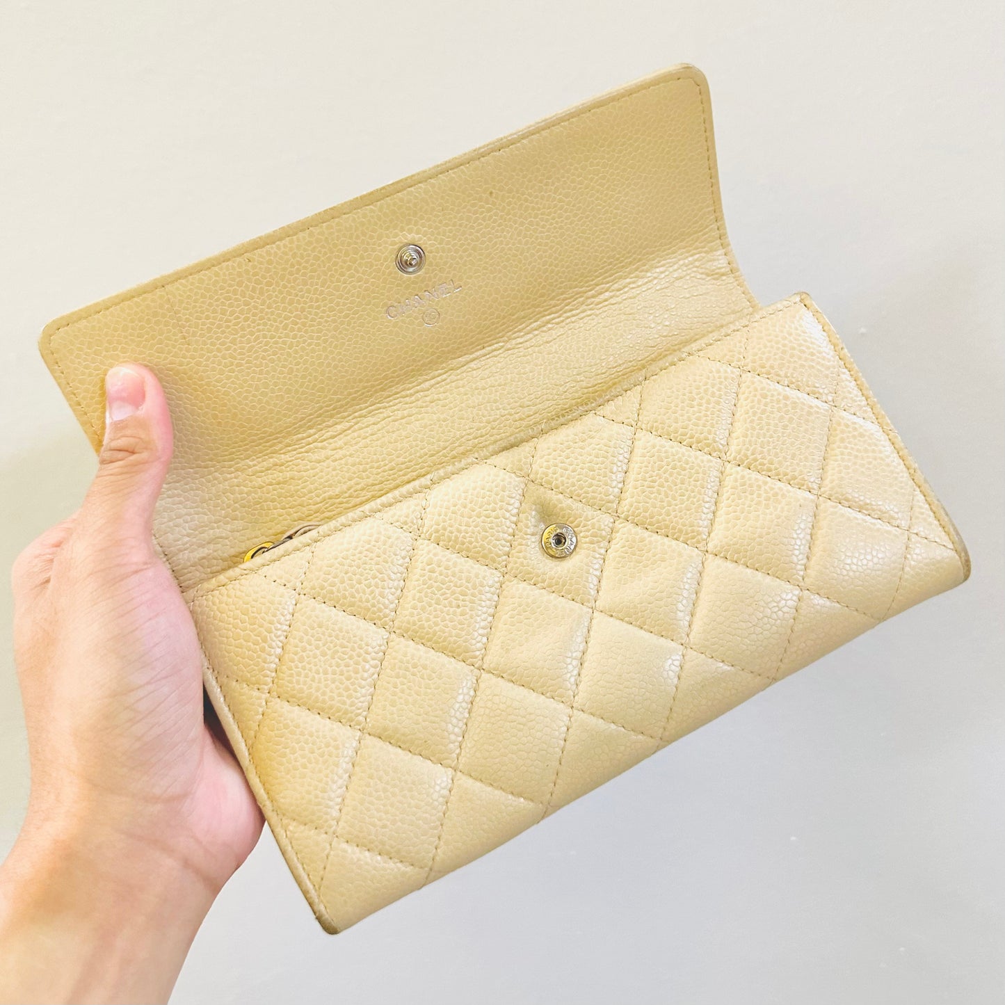 Chanel Beige GHW CC Logo Quilted Caviar Flap Long Wallet 15s