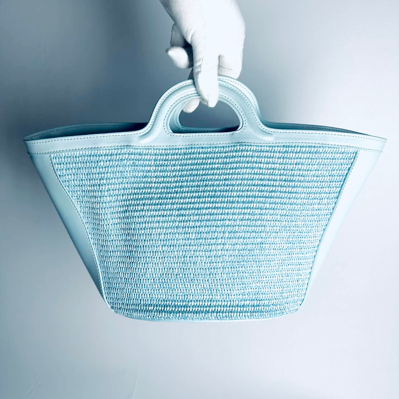 Marni Baby Blue Tropicalia Monogram Logo Interwoven Raffia / Leather Basket 2-Way Shoulder Sling Bucket Tote Bag