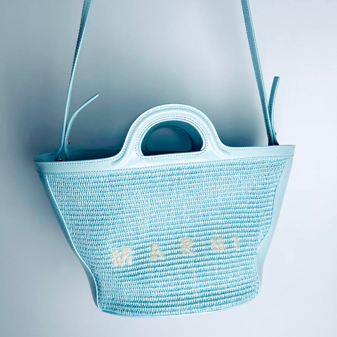 Marni Baby Blue Tropicalia Monogram Logo Interwoven Raffia / Leather Basket 2-Way Shoulder Sling Bucket Tote Bag