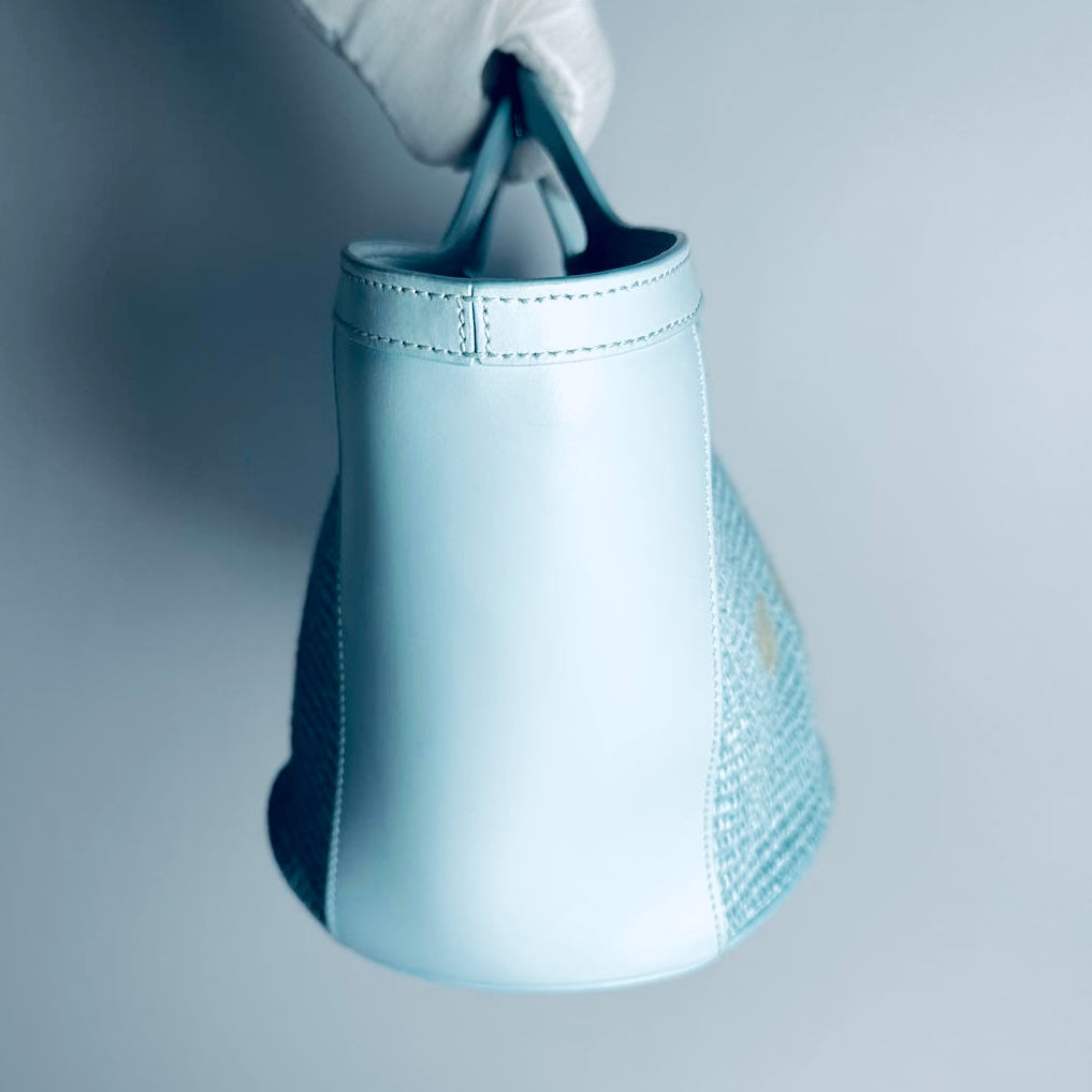 Marni Baby Blue Tropicalia Monogram Logo Interwoven Raffia / Leather Basket 2-Way Shoulder Sling Bucket Tote Bag