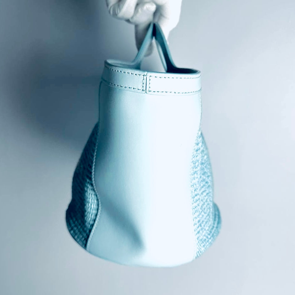 Marni Baby Blue Tropicalia Monogram Logo Interwoven Raffia / Leather Basket 2-Way Shoulder Sling Bucket Tote Bag