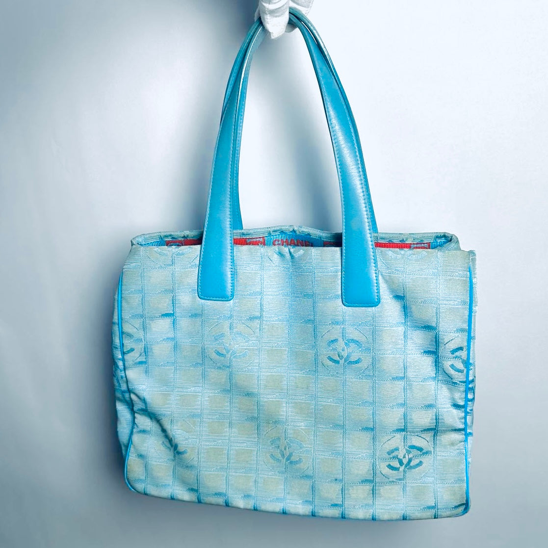 Chanel Blue Travel Line Quilted Jacquard CC Monogram Logo Shopper Shoulder Tote Bag 7s