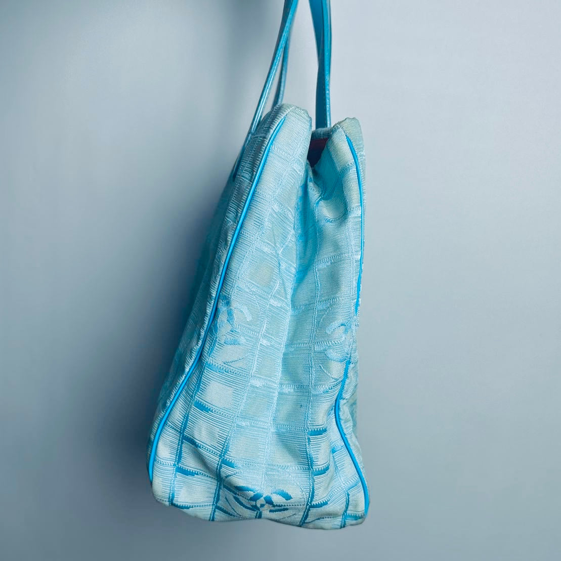 Chanel Blue Travel Line Quilted Jacquard CC Monogram Logo Shopper Shoulder Tote Bag 7s