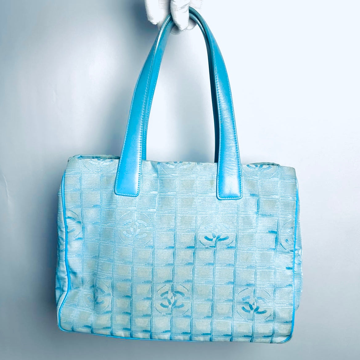 Chanel Blue Travel Line Quilted Jacquard CC Monogram Logo Shopper Shoulder Tote Bag 7s