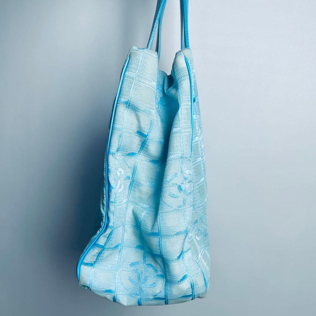 Chanel Blue Travel Line Quilted Jacquard CC Monogram Logo Shopper Shoulder Tote Bag 7s
