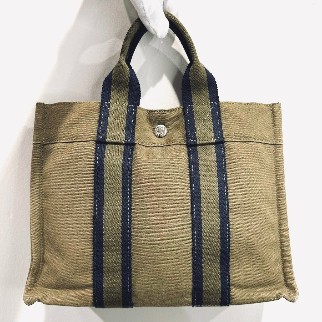 Hermes Khaki Taupe Herline Fourre Fool Toile PM Structured Shopper Tote Bag