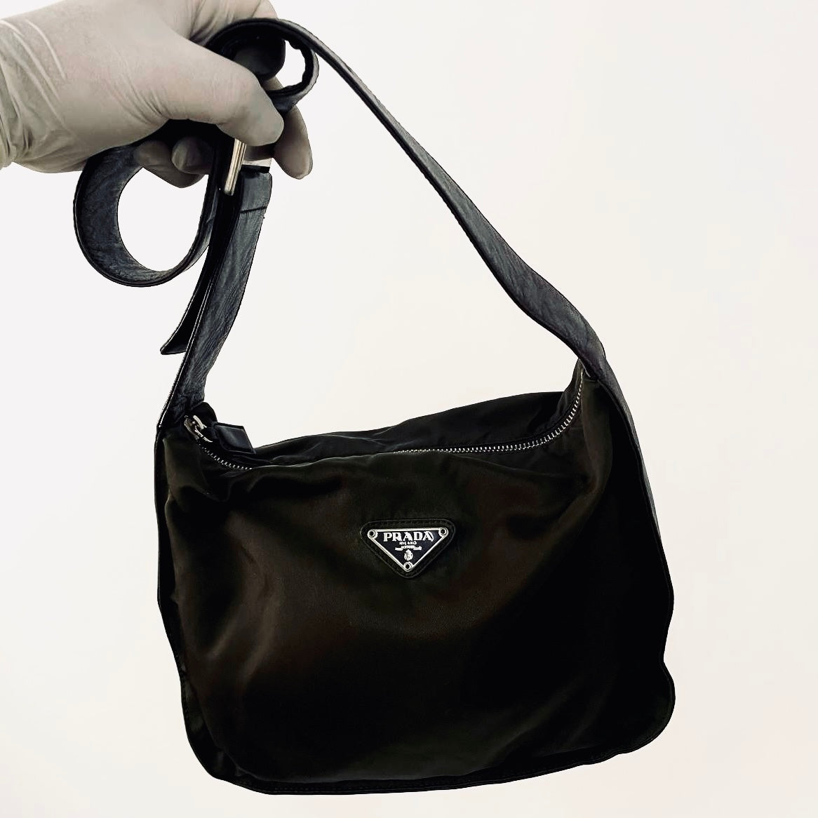 Prada Dark Khaki Ebano Classic Nylon & Leather Tessuto Monogram Logo Camera Shoulder Sling Bag