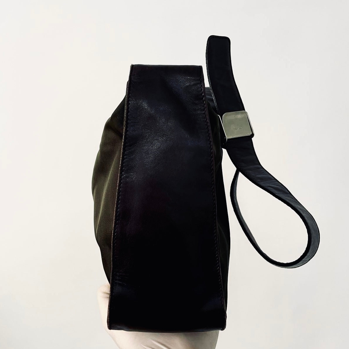 Prada Dark Khaki Ebano Classic Nylon & Leather Tessuto Monogram Logo Camera Shoulder Sling Bag