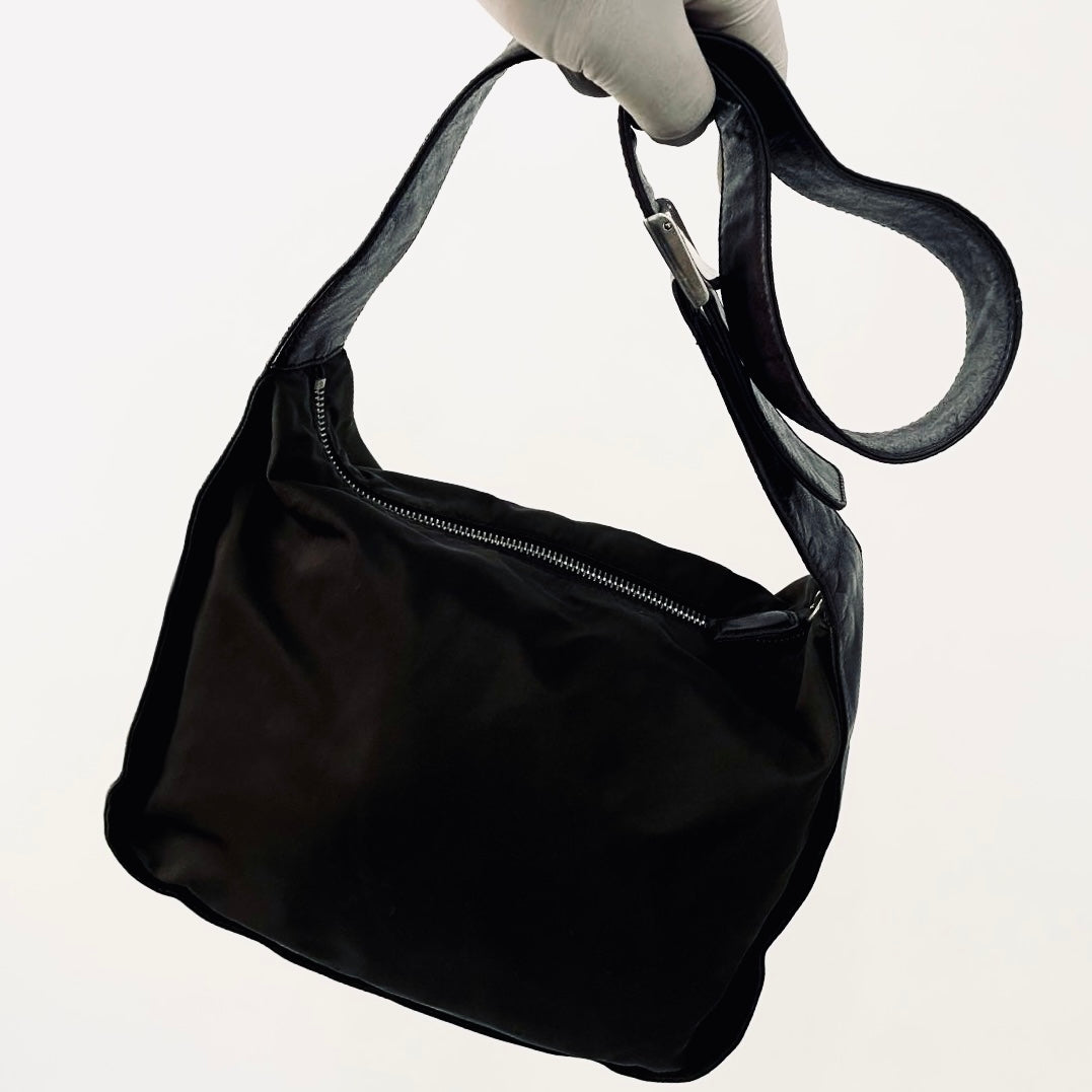 Prada Dark Khaki Ebano Classic Nylon & Leather Tessuto Monogram Logo Camera Shoulder Sling Bag