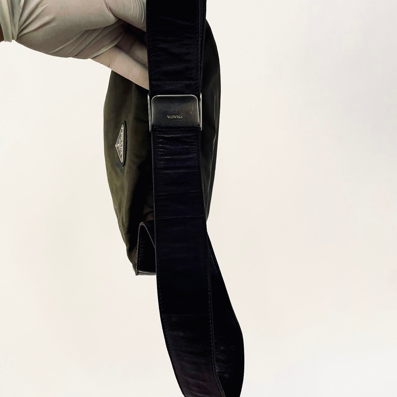 Prada Dark Khaki Ebano Classic Nylon & Leather Tessuto Monogram Logo Camera Shoulder Sling Bag