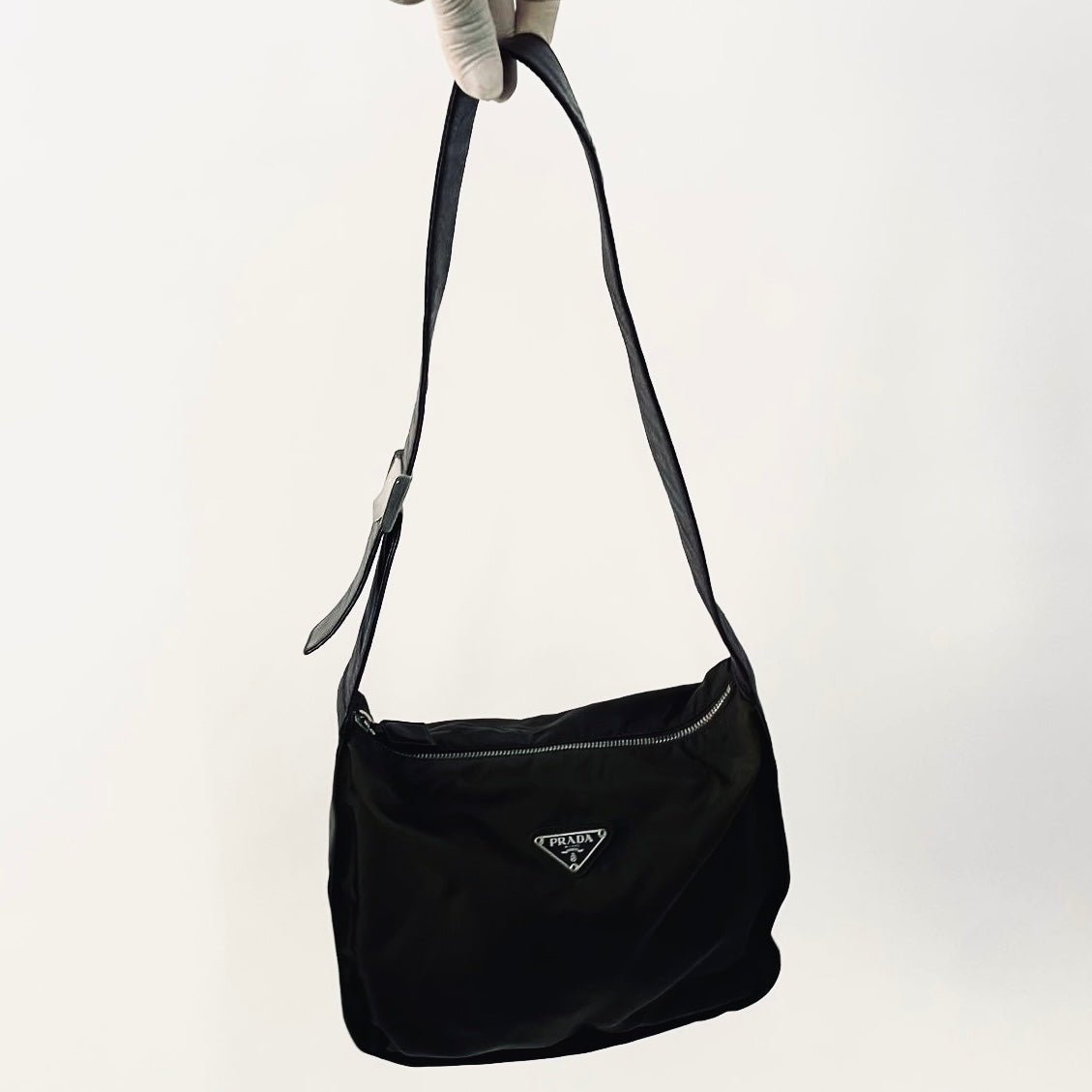 Prada Dark Khaki Ebano Classic Nylon & Leather Tessuto Monogram Logo Camera Shoulder Sling Bag