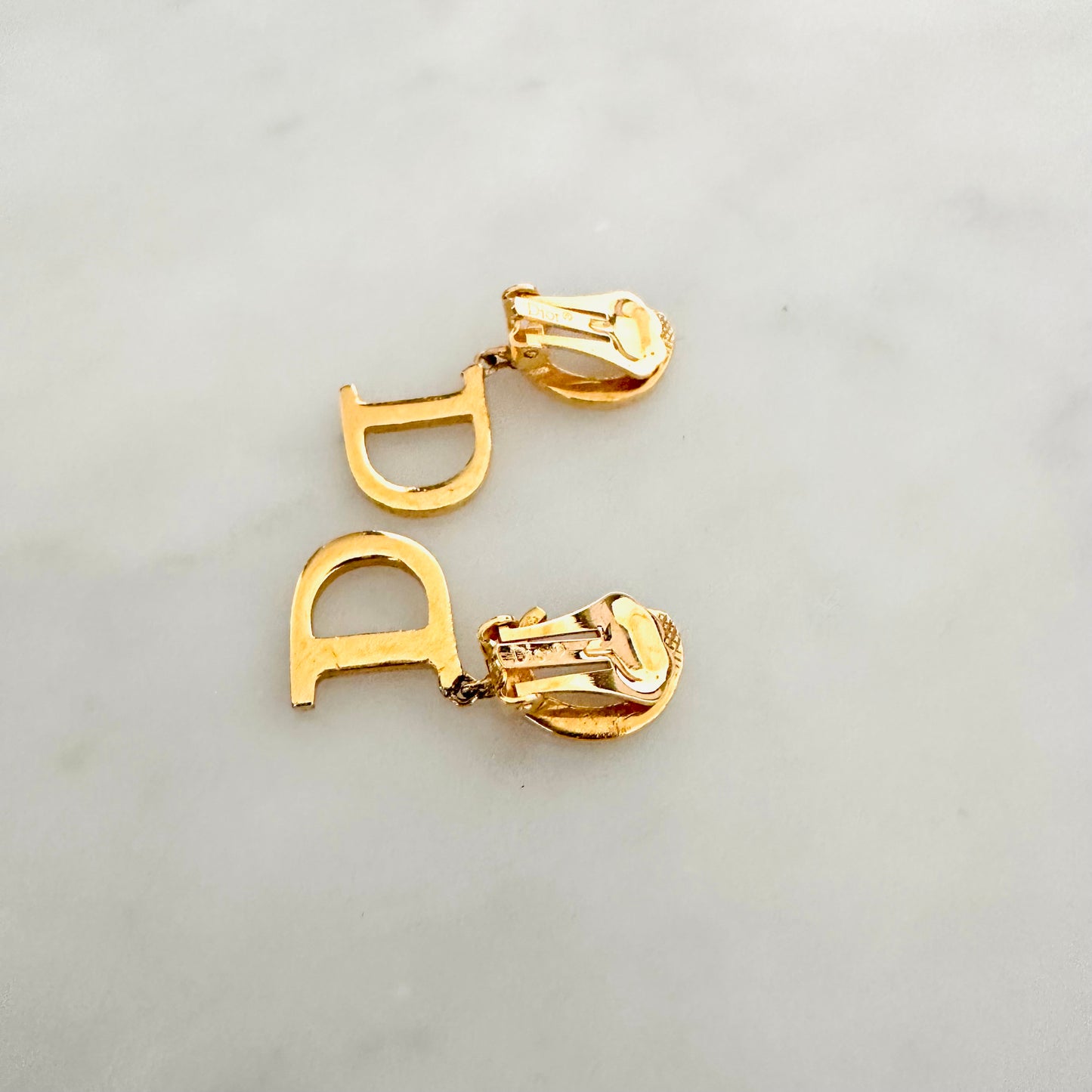 Christian Dior CD Monogram Logo Dangling Gold Vintage Clip On Earrings