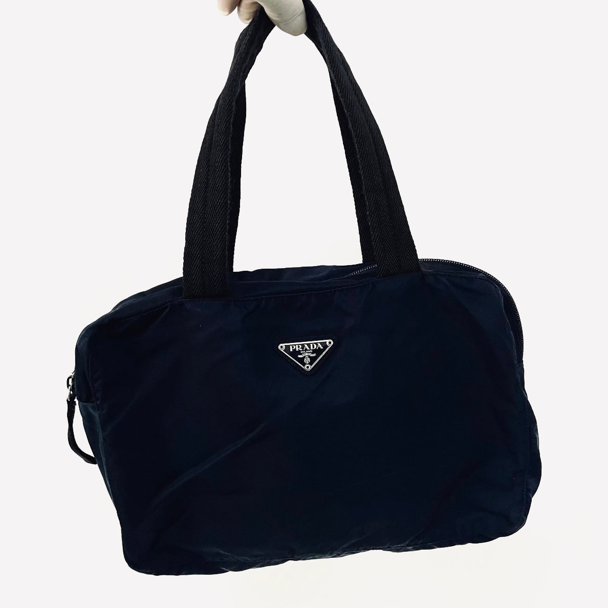 Prada Navy Blue Tessuto Classic Logo Nylon Shopper Shoulder Boston Tote Bag