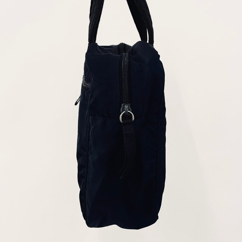 Prada Navy Blue Tessuto Classic Logo Nylon Shopper Shoulder Boston Tote Bag