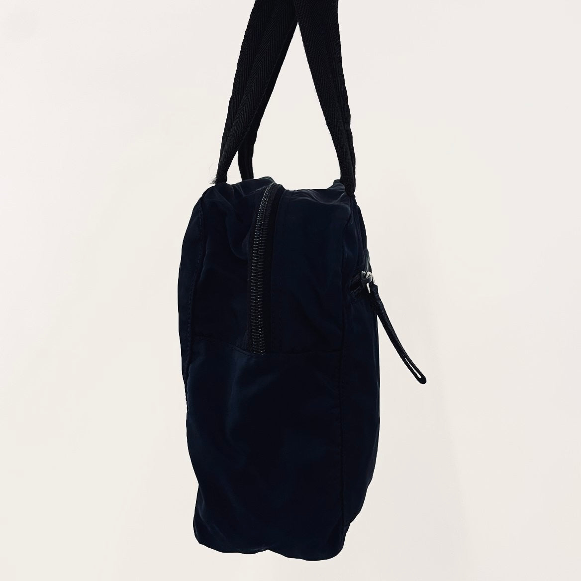 Prada Navy Blue Tessuto Classic Logo Nylon Shopper Shoulder Boston Tote Bag