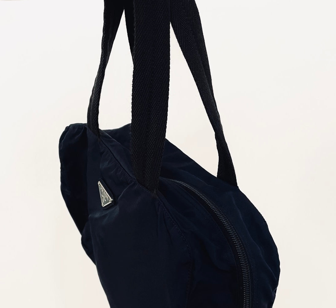 Prada Navy Blue Tessuto Classic Logo Nylon Shopper Shoulder Boston Tote Bag