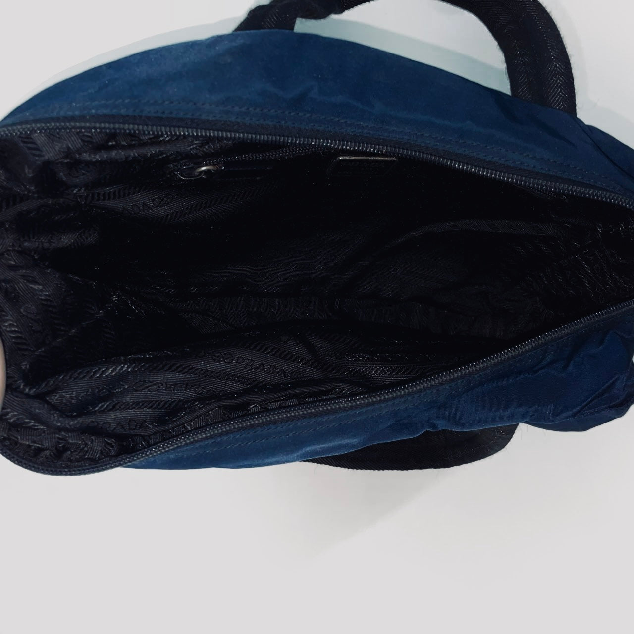 Prada Navy Blue Tessuto Classic Logo Nylon Shopper Shoulder Boston Tote Bag