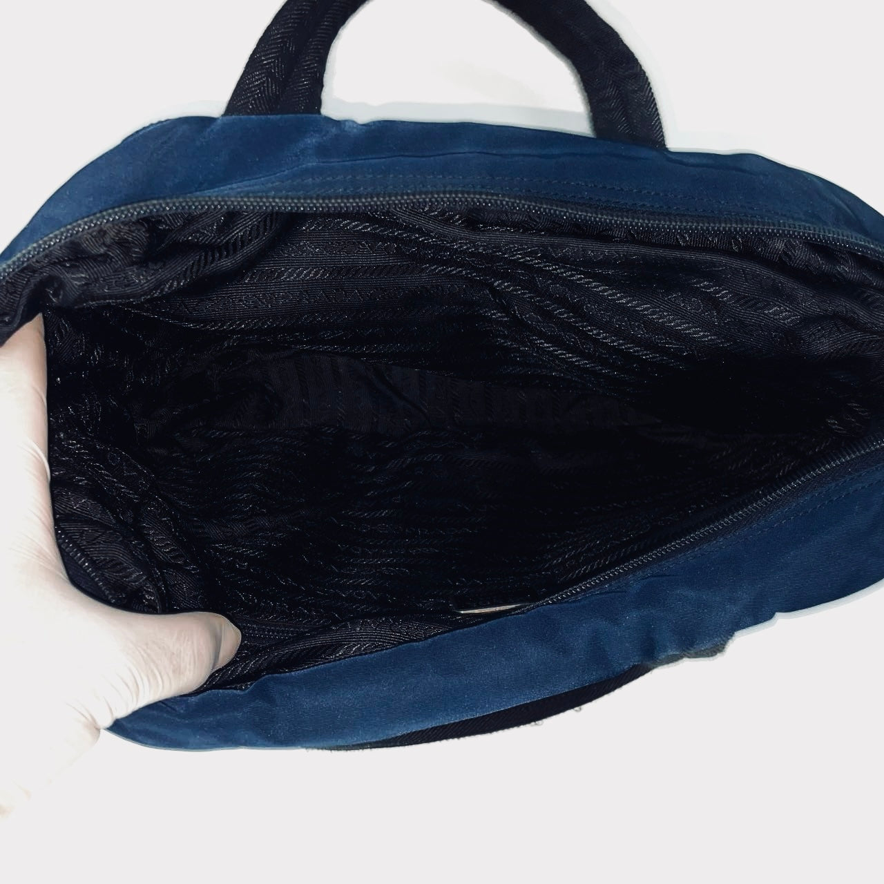Prada Navy Blue Tessuto Classic Logo Nylon Shopper Shoulder Boston Tote Bag