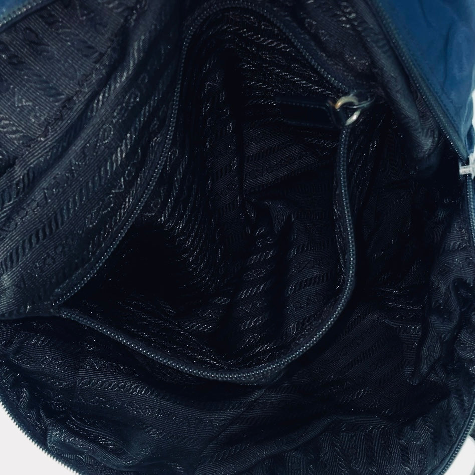 Prada Navy Blue Tessuto Classic Logo Nylon Shopper Shoulder Boston Tote Bag