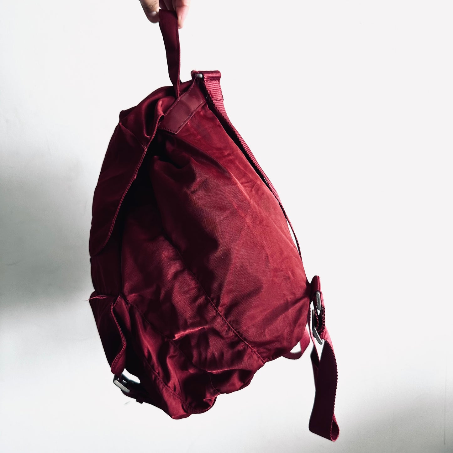 Prada Maroon Red Vela Monogram Logo Nylon & Leather Flap Backpack Drawstring Bag