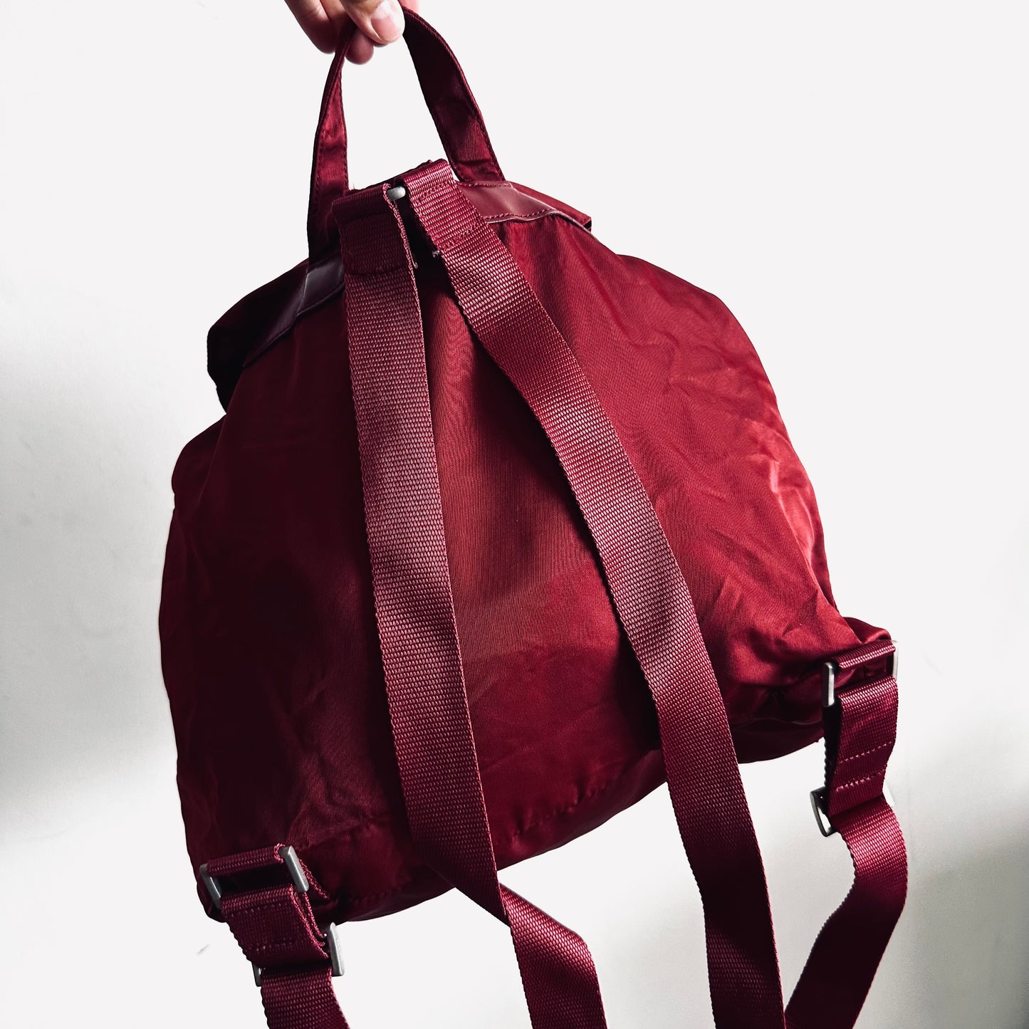 Prada Maroon Red Vela Monogram Logo Nylon & Leather Flap Backpack Drawstring Bag