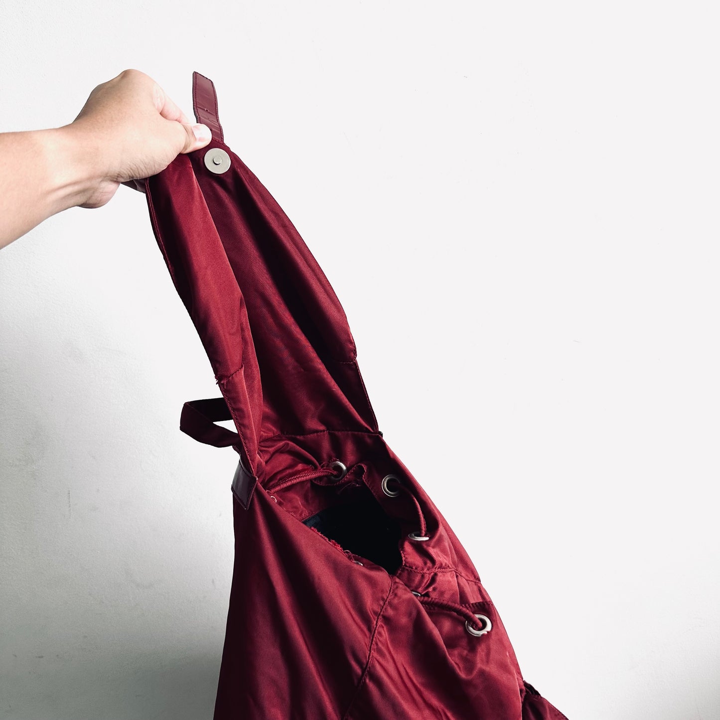 Prada Maroon Red Vela Monogram Logo Nylon & Leather Flap Backpack Drawstring Bag