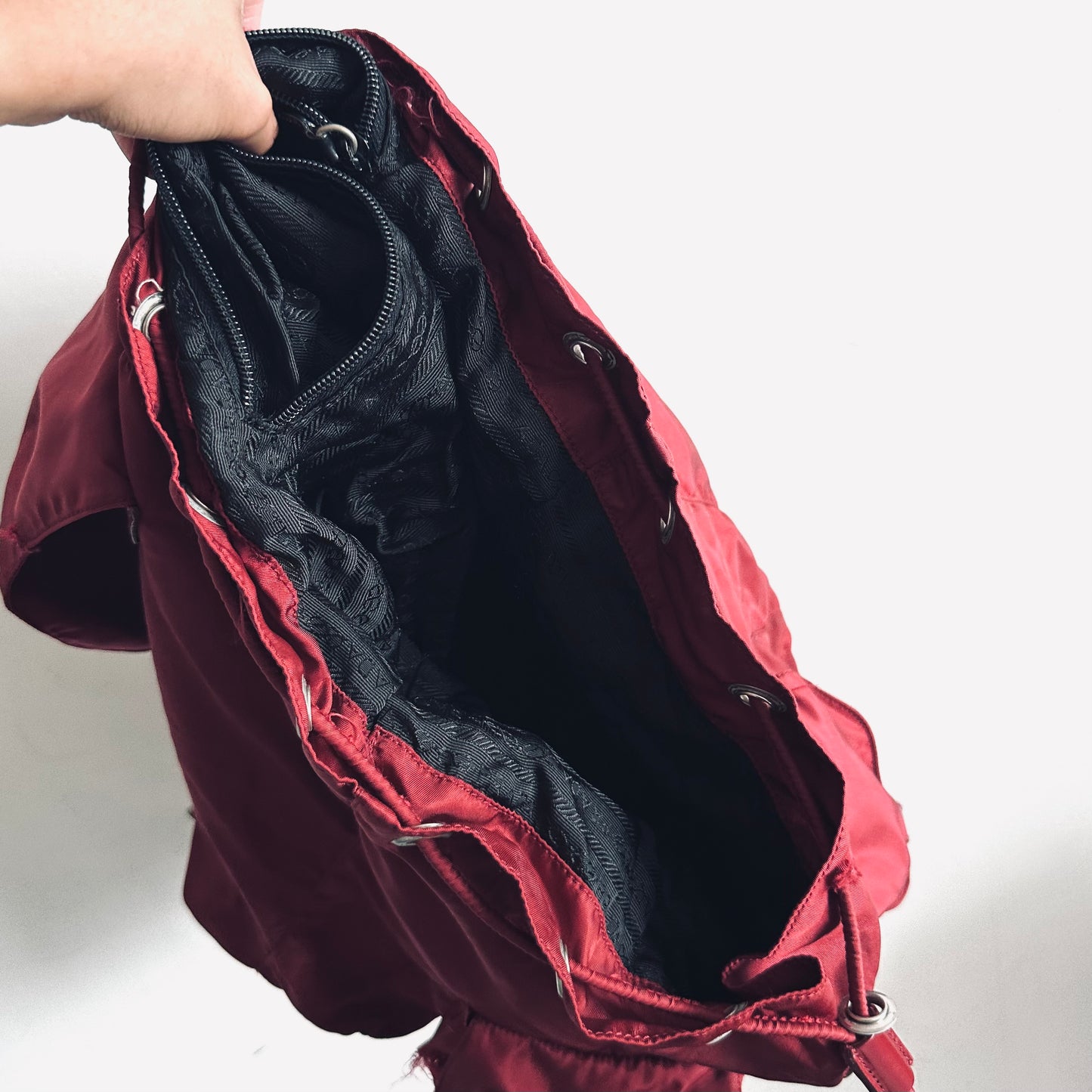 Prada Maroon Red Vela Monogram Logo Nylon & Leather Flap Backpack Drawstring Bag