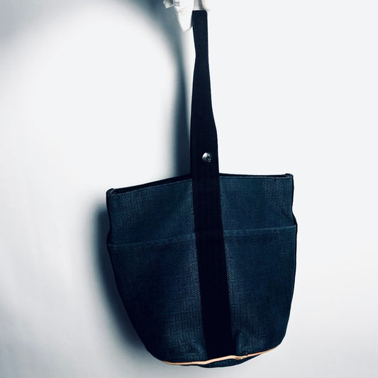 Hermes Navy Blue / Black Toile Saxor MM Bucket Tote Bag