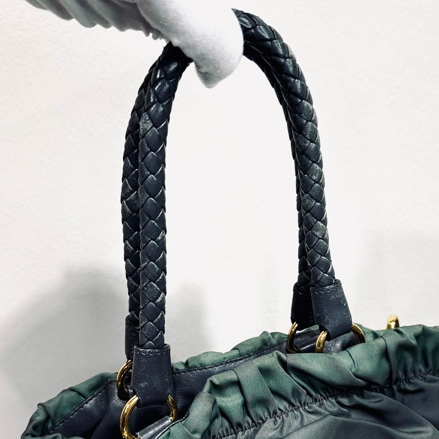 Prada Dark Green Ardesia GHW Bow Ruched Tessuto Classic Logo Nylon & Leather 2-Way Shoulder Sling Shopper Tote Bag