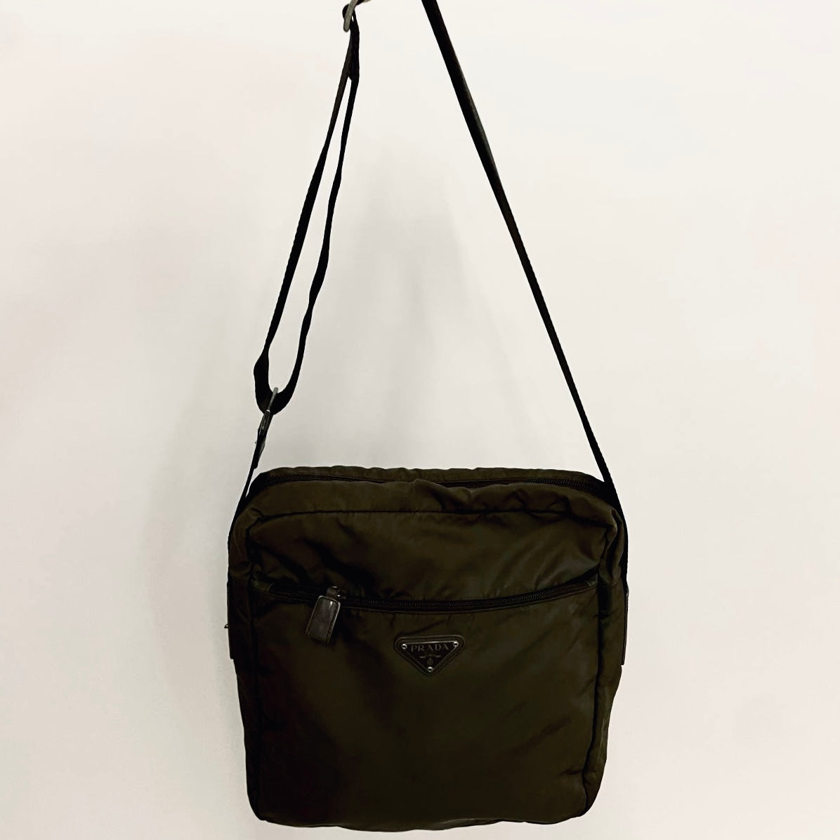 Prada Khaki Tessuto Logo Classic Nylon & Leather Camera Zip Shoulder Sling Bag
