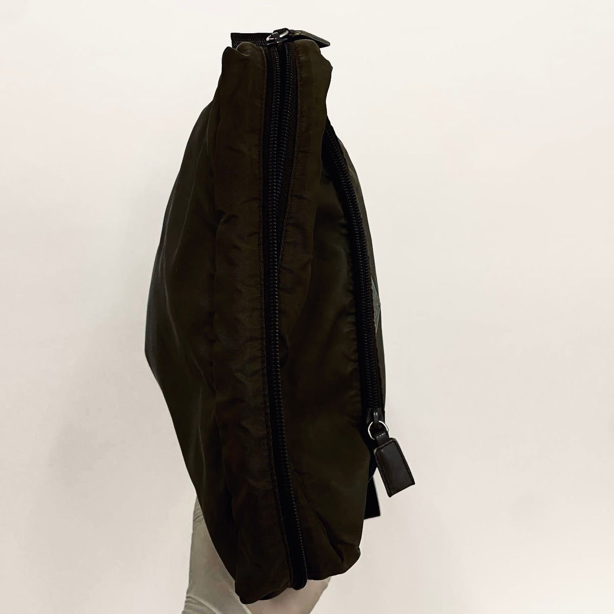 Prada Khaki Tessuto Logo Classic Nylon & Leather Camera Zip Shoulder Sling Bag