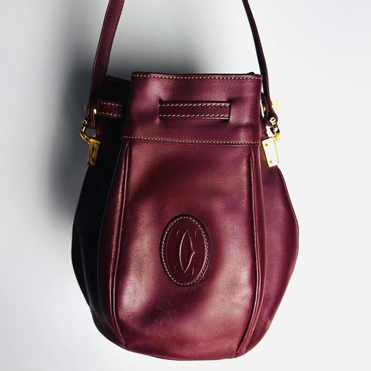 Cartier Mast / Must de Cartier Burgundy Maroon Red GHW Smooth Leather Bucket Shoulder Drawstring Bag With Pouch