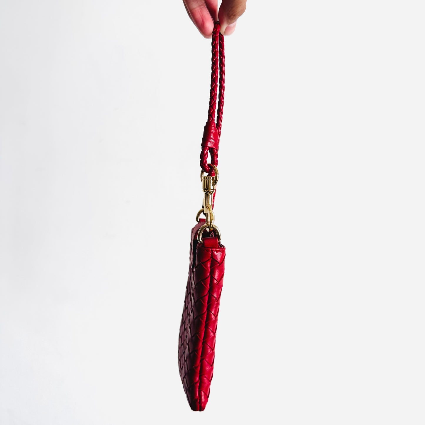 Bottega Veneta BV Red GHW Intrecciato Nappa Woven Leather Mini Pochette Holder Bag